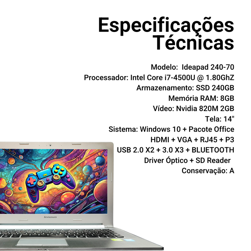 Lenovo Ideapad 240-70 - Intel Core i7-4500U, 8GB RAM, 240GB SSD, Nvidia 820M 2GB, Tela 14", Windows 10 + Pacote Office