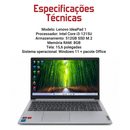 Lenovo IdeaPad 1 — Intel Core i3-1215U, 512GB SSD M.2, 8GB RAM, tela 15,6, Windows 11 + pacote Office, Bluetooth