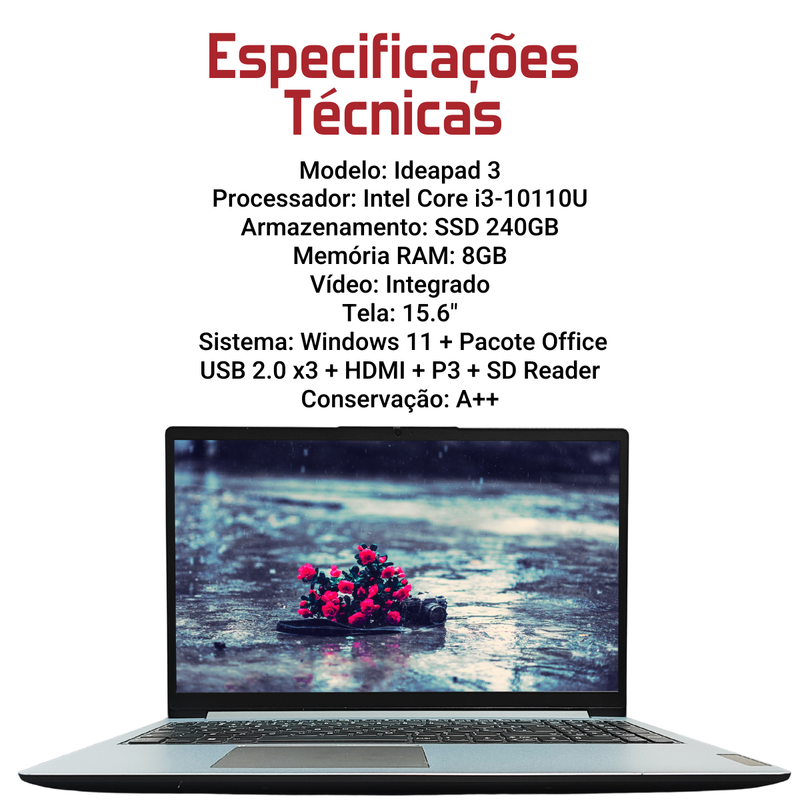 Lenovo Ideapad 3 - Intel Core i3-10110U, 8gb ram, 240gb ssd, tela 15.6", Windows 11 + pacote office