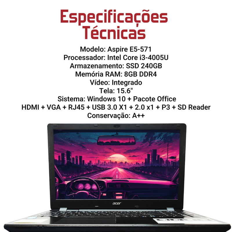 Acer Aspire E5-571 - Intel Core i3-4005U, 8GB RAM, 240GB SSD, Tela 15.6", Windows 10 + Pacote Office