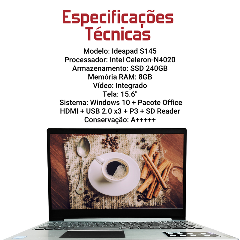 Lenovo Ideapad S145 - Intel Celeron-N4020, 8GB RAM, 240GB SSD, Tela 15.6", Windows 10 + Pacote Office