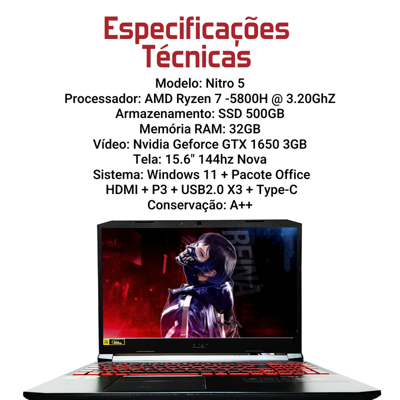 Acer Nitro 5 - AMD Ryzen 7-5800H, 32GB RAM, 500GB SSD, Nvidia GTX 1650 4GB, Tela 15.6" 144Hz, Windows 11 + Pacote Office