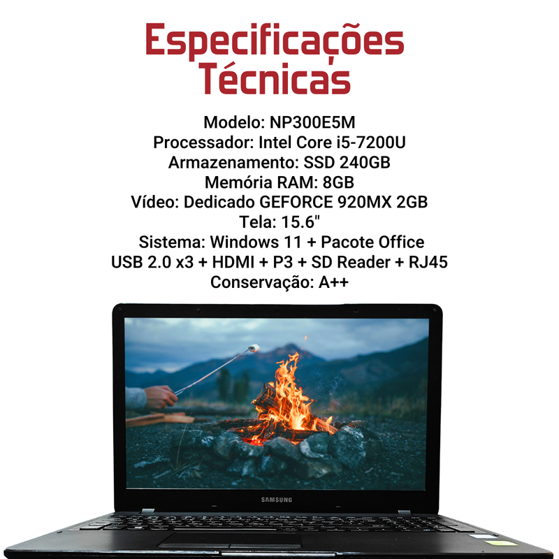 Samsung NP300E5M - Intel Core i5-7200U, 8GB RAM, 240GB SSD, Geferoce 920MX 2GB, Tela 15.6", Windows 11 + Pacote Office