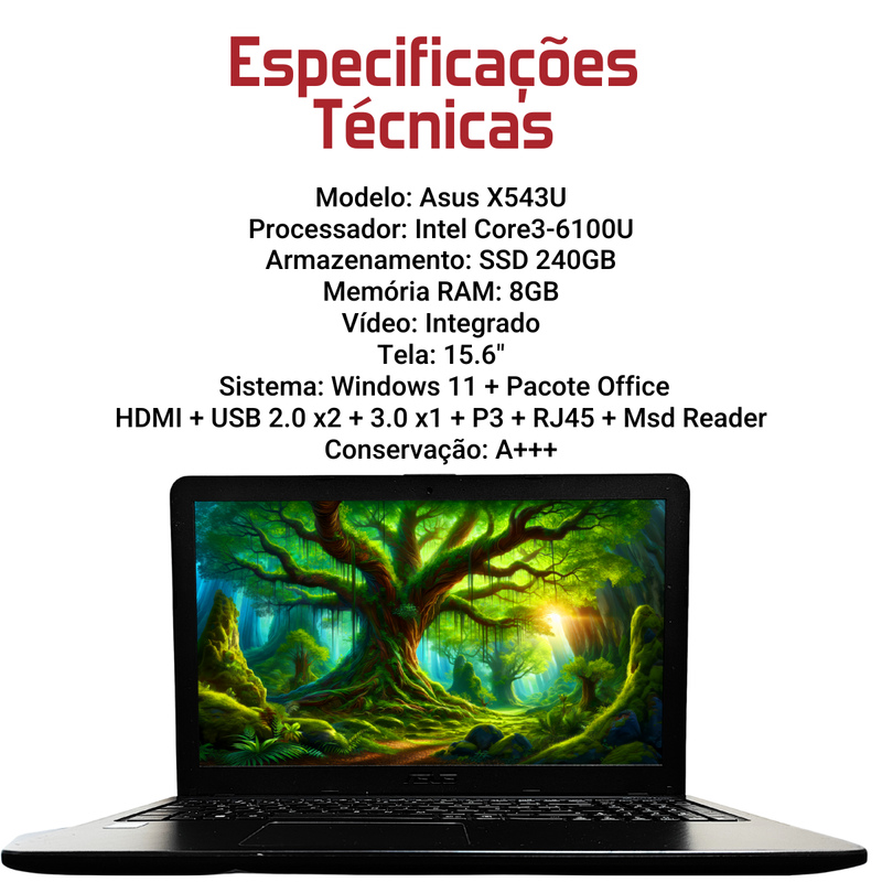 Asus X543U - Intel Core i3-6100U, 8GB RAM, 240GB SSD, Tela 15.6", Windows 11 + Pacote Office