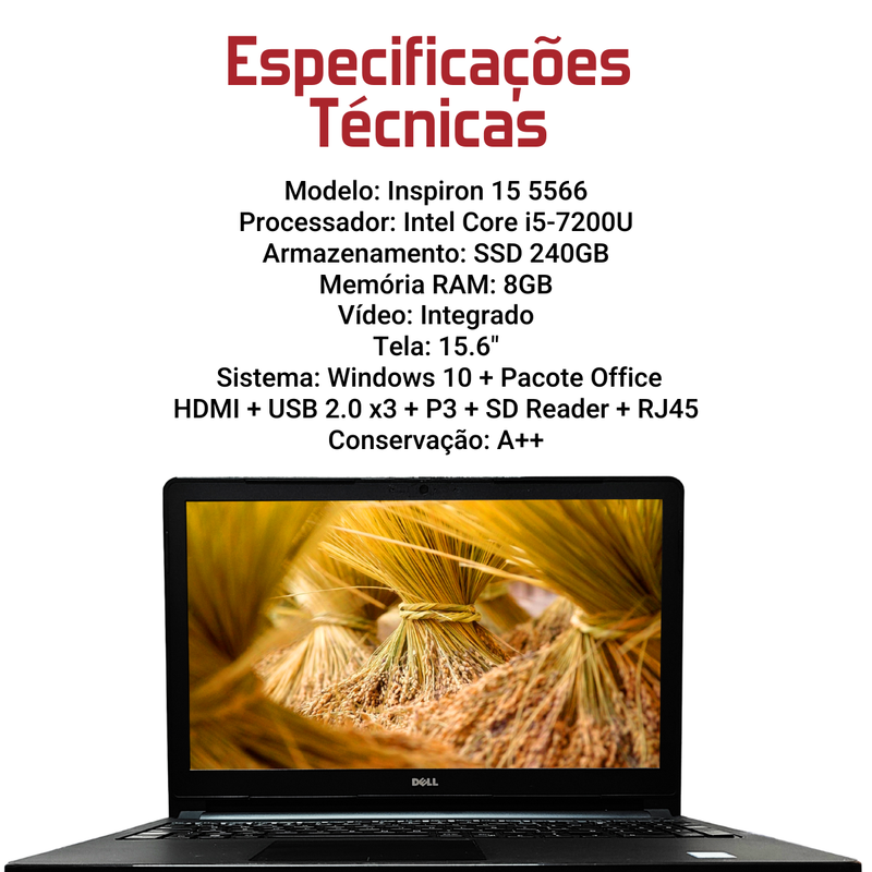 Dell Inspiron 15 5566 - Intel Core i5-7200U, 8GB RAM, 240GB SSD, Tela 15.6", Windows 11 + Pacote Office