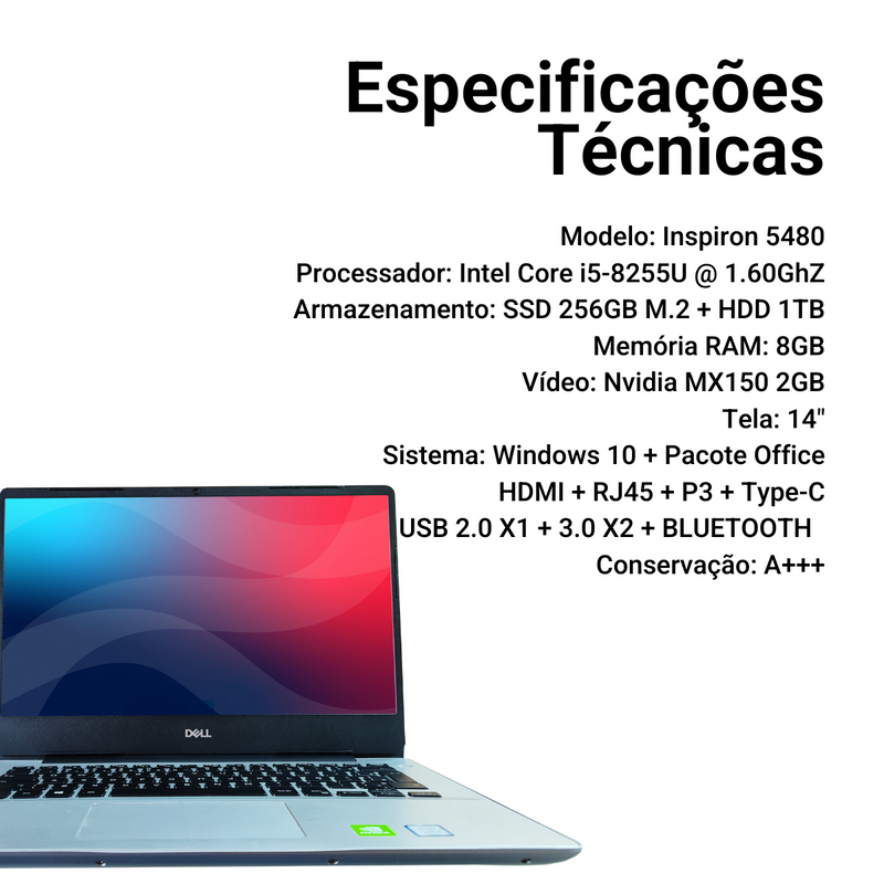 Dell Inspiron 5480 - Intel Core i5-8255U, 8GB RAM, 256GB SSD M.2 + 1TB HDD, Nvidia MX150 2GB, Tela 14", Windows 10 + Pacote Office