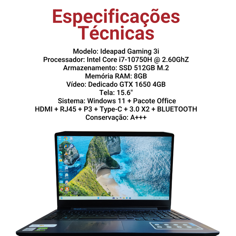 Lenovo Ideapad Gaming 3i - Intel Core i7-10750H, 8GB RAM, 512GB SSD M.2, Nvidia GTX 1650 4GB, Tela 15.6", Windows 10 + Pacote Office