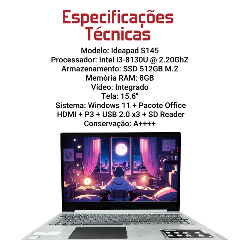 Lenovo Ideapad S145 - Intel Core i3-8130U, 8GB RAM, 512GB SSD M.2, Tela 15.6", Windows 11 + Pacote Office