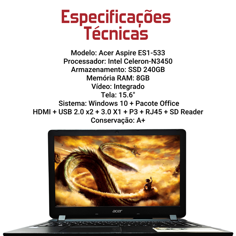 Acer Aspire ES1-533 - Intel Celeron-N3450, 8GB RAM, 240GB SSD, Tela 15.6", Windows 10 + Pacote Office