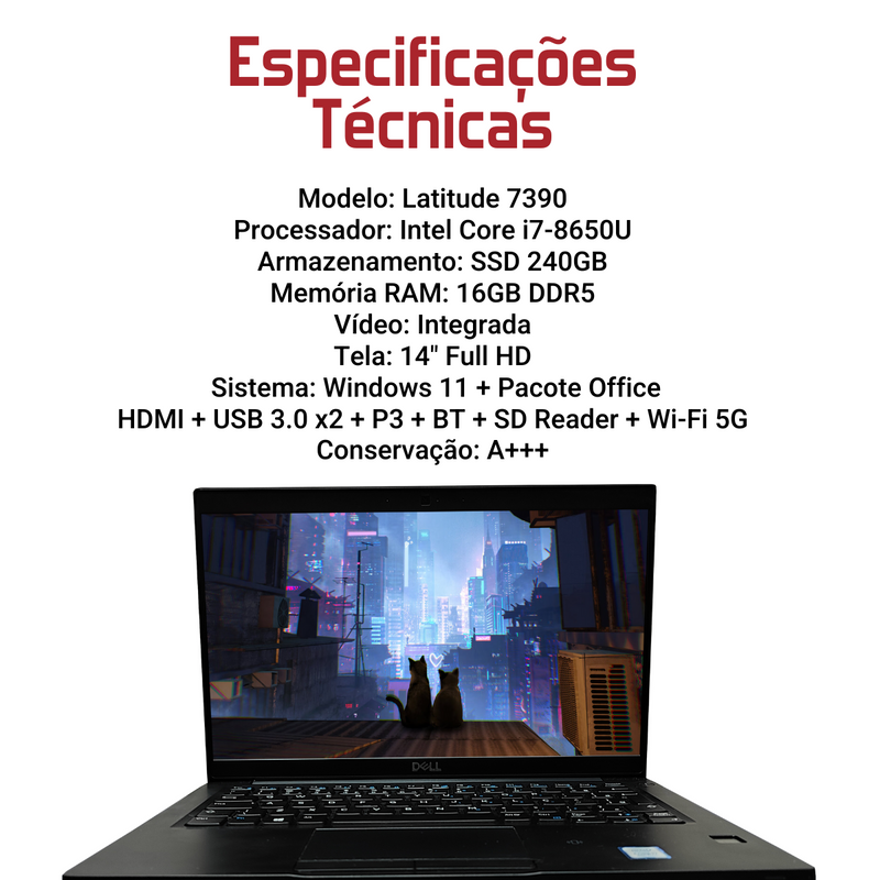 Dell Latitude 7390 - Intel Core i7-8650U, 16GB RAM, 240GB SSD, Tela 14" FullHD, Windows 11 + Pacote Office
