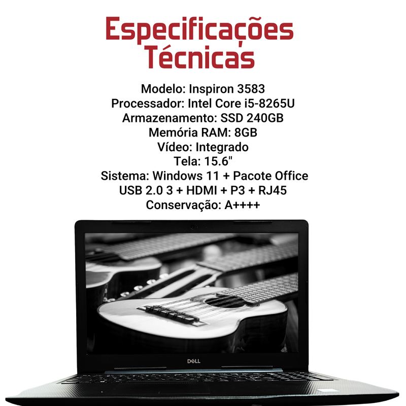 Dell Inspiron 3583 - Intel Core i5-8265U, 8GB RAM, 240GB SSD, Tela 15.6", Windows 11 + Pacote Office