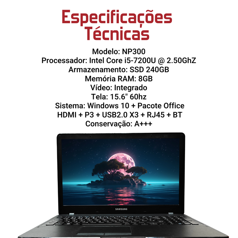 Samsung NP300 - Intel Core i5-7200U, 8GB RAM, 240GB SSD, Tela 15.6", Windows 10 + Pacote Office