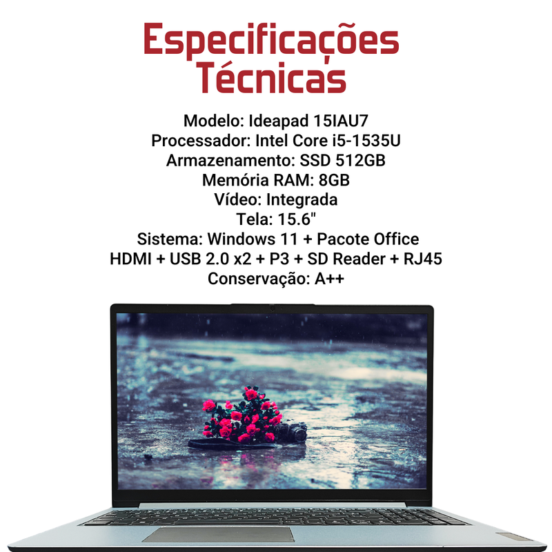 Lenovo Ideapad 15IAU7 - Intel Core i5-1235U, 8GB RAM, 512GB SSD, Tela 15.6", Windows 10 + Pacote Office