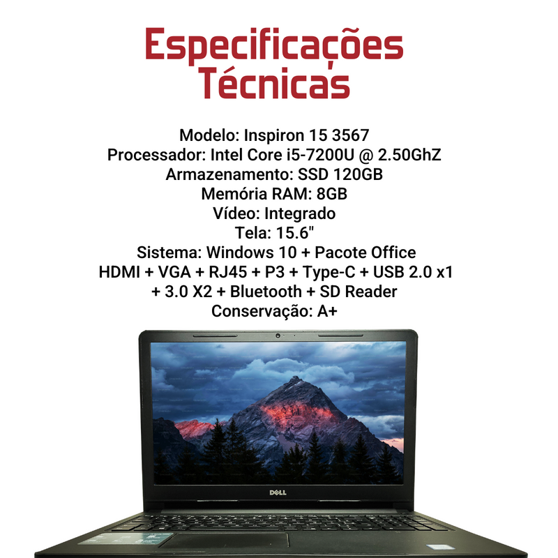 Dell Inspiron 15 3567 - Intel Core i5-7200U, 8GB RAM, 240GB SSD, Tela 15.6", Windows 10 + Pacote Office