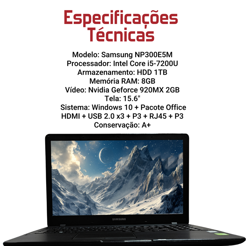 Samsung NP300E5M - Intel Core i5-7200U, 240GB SSD, 8GB RAM, Nvidia Geforce 920MX 2GB, Tela 15.6", Windows 10 + Pacote Office