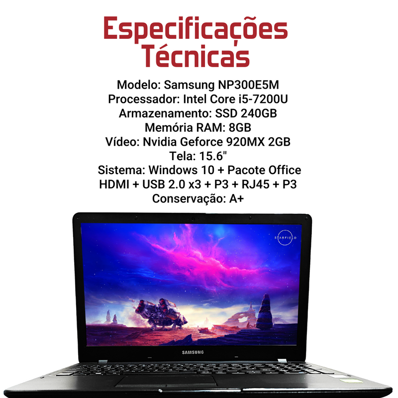 Samsung NP300E5M - Intel Core i5-7200U, 8GB RAM, 240GB SSD, Nvidia Geforce 920MC 2GB, Tela 15.6", Windows 10 + Pacote Office