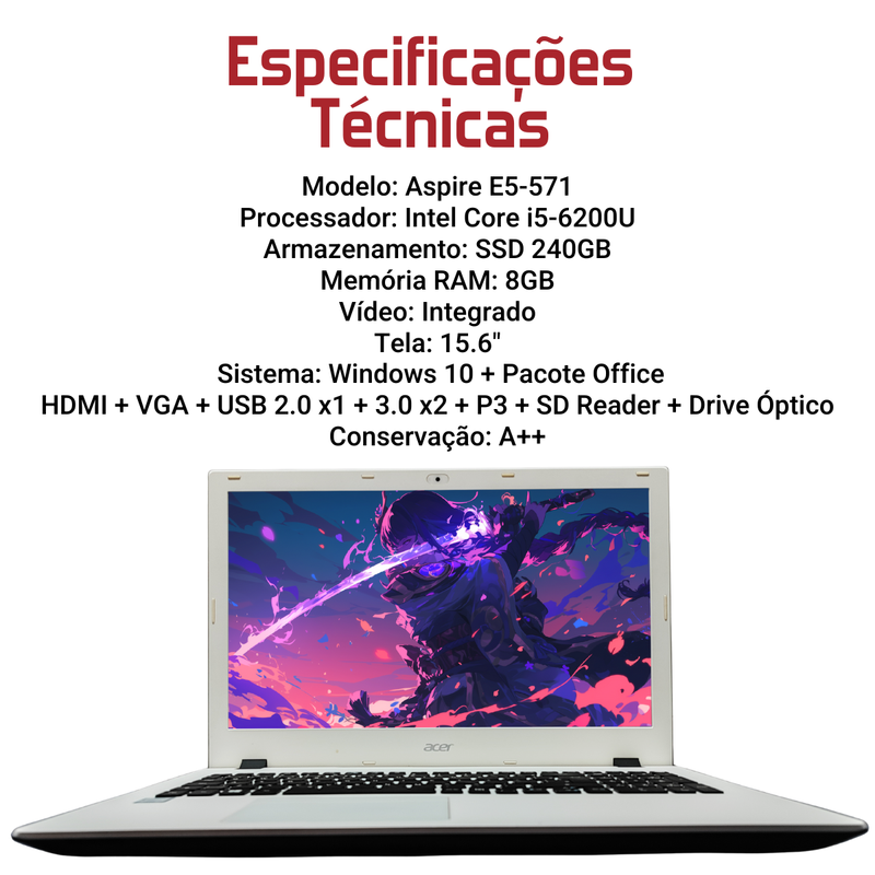 Acer Aspire E5-571 - Intel Core i5-6200U, 8GB RAM, 240GB SSD, Tela 15.6", Windows 10 + Pacote Office