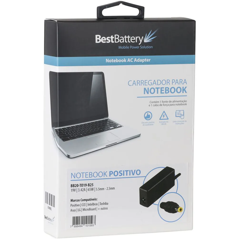 Fonte P/ Notebook Positivo 19V 3,42A 65W 5.5mm 2.5mm Best Battery - BB20-TO19-B25