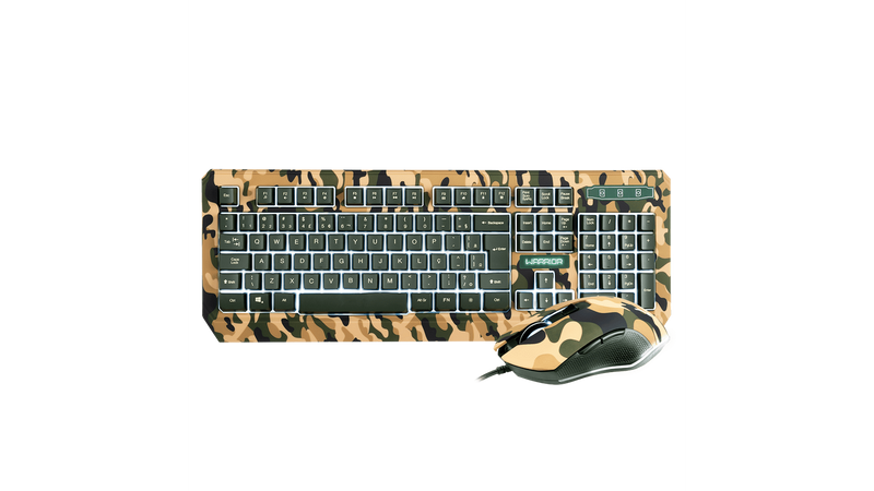 Kit Gamer Warrior Kyler - Teclado, LED Branco, ABNT2 + Mouse, LED, Army