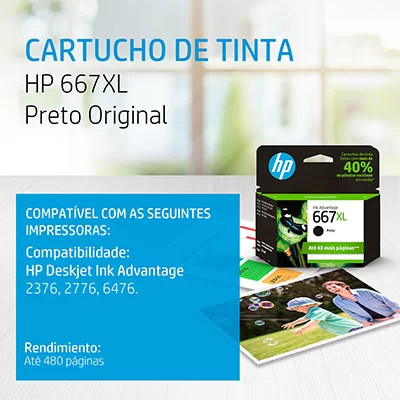 Cartucho HP 667XL Preto Original